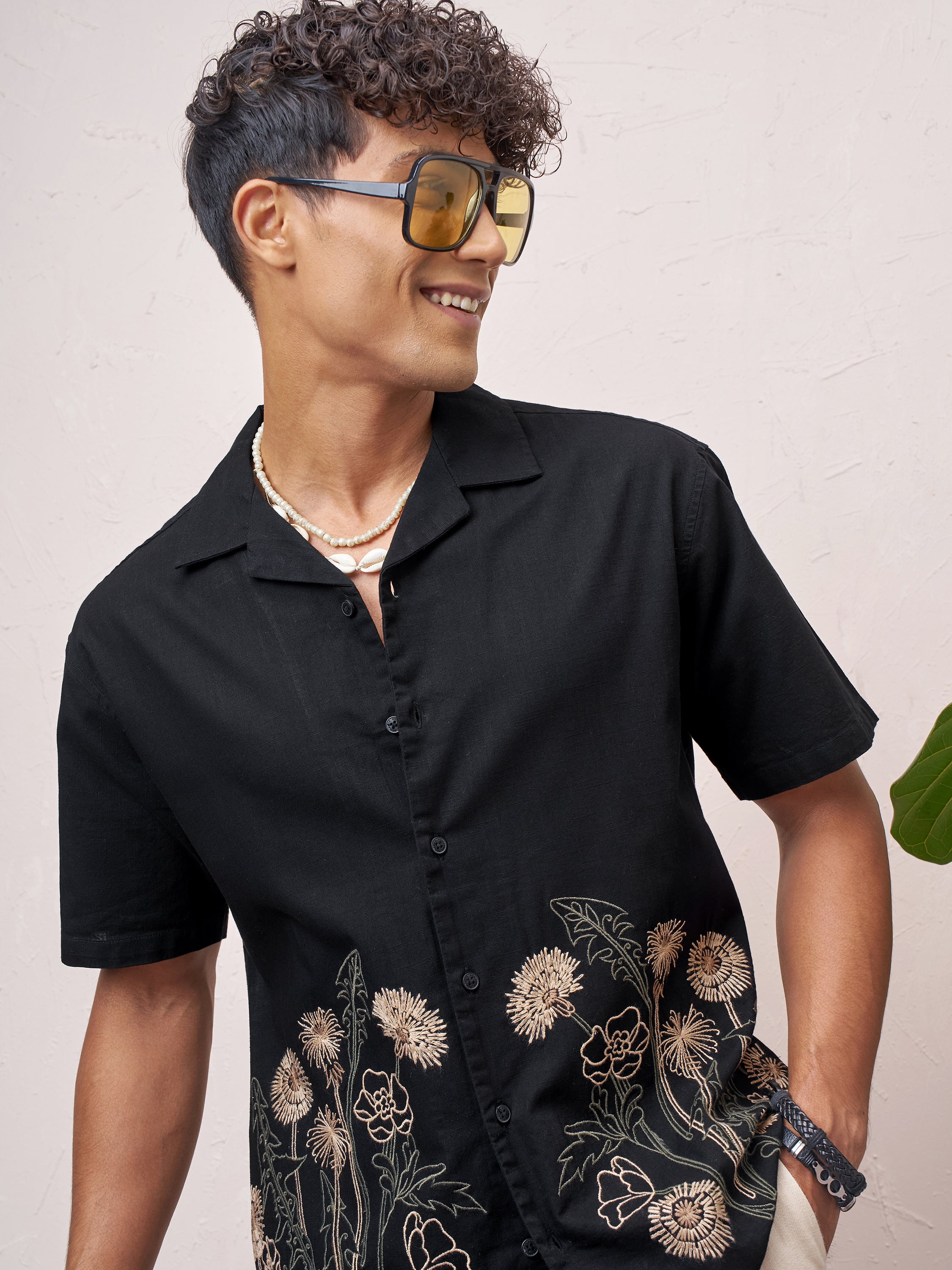 Highlander Men Black Embroidered Relaxed Fit Casual Shirt - Black - Image 1