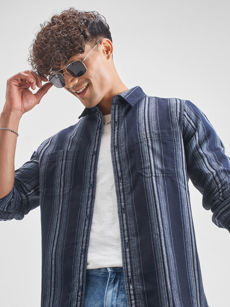 Highlander Men Navy Blue Checked Slim Fit Casual Shirt - Navy Blue - Image 1