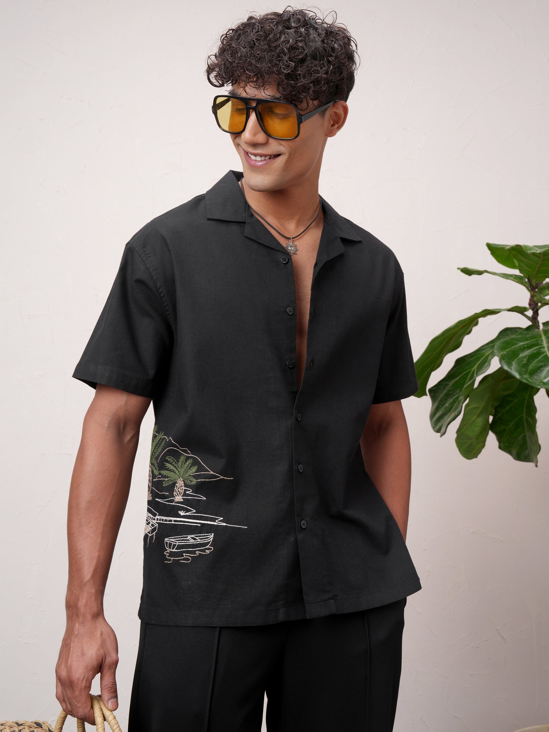 Highlander Men Black Embroidered Relaxed Fit Casual Shirt - Black - Image 3