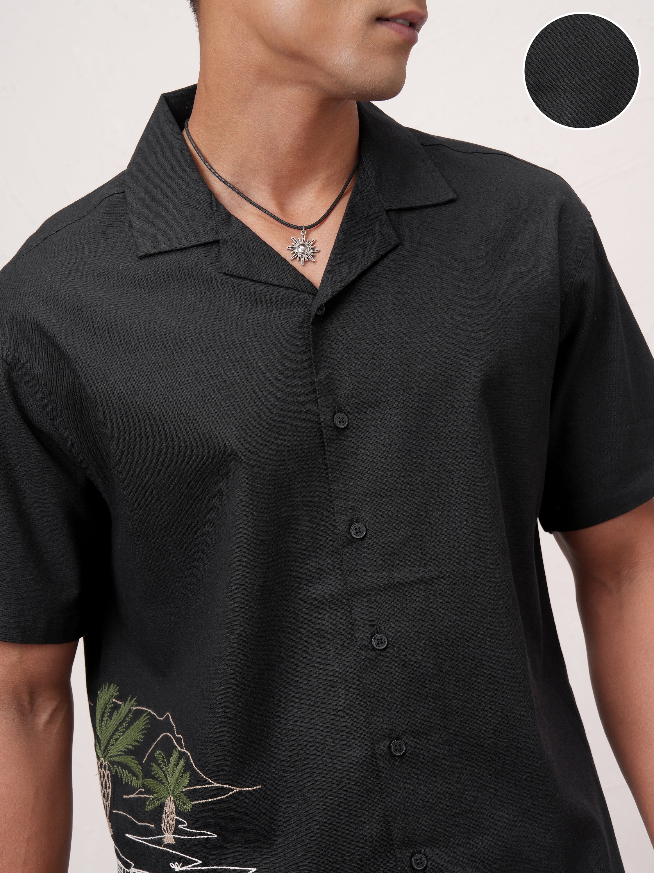 Highlander Men Black Embroidered Relaxed Fit Casual Shirt - Black - Image 5