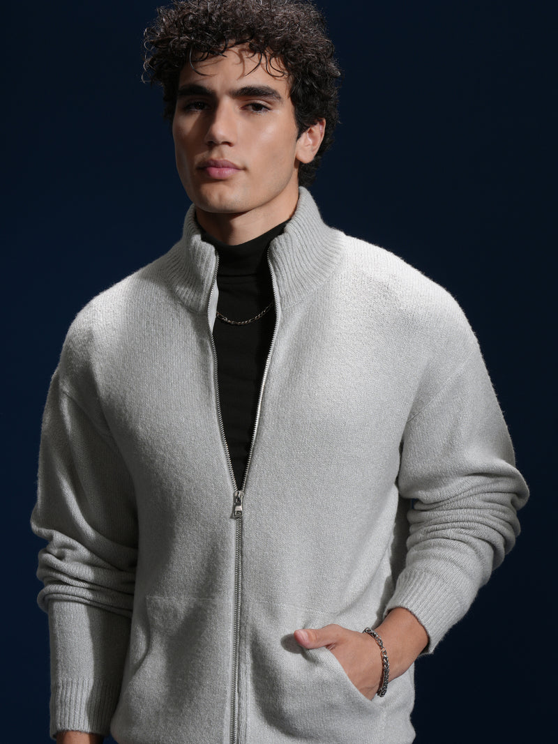 Highlander Men Grey Mock Collar Front-Open Sweater - Grey - Image 1