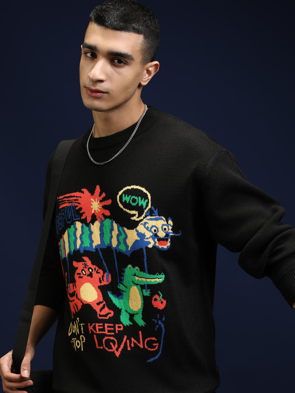 Highlander Men Black Round Neck Pullover Sweater - Black - Image 1