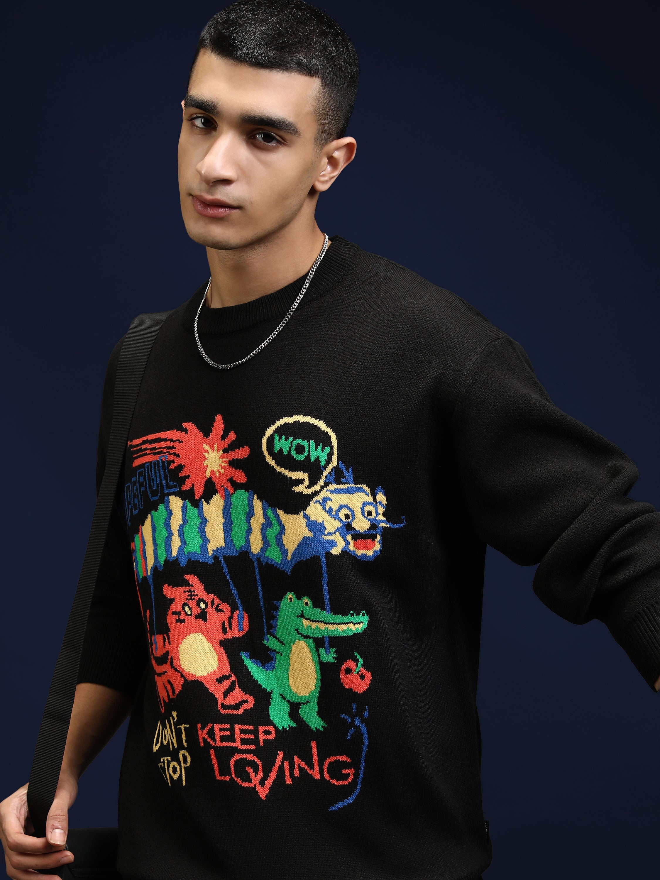 Highlander Men Black Round Neck Pullover Sweater - Black - Image 1