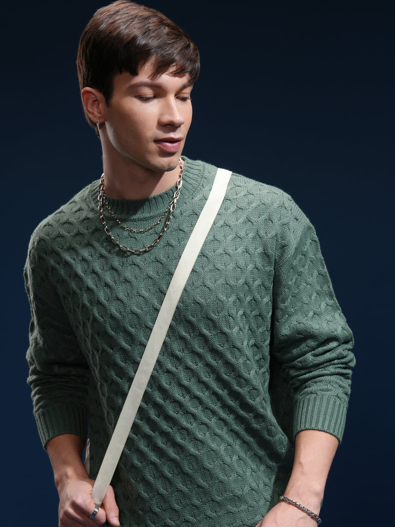 Highlander Men Green Round Neck Pullover Sweater - Green - Image 1