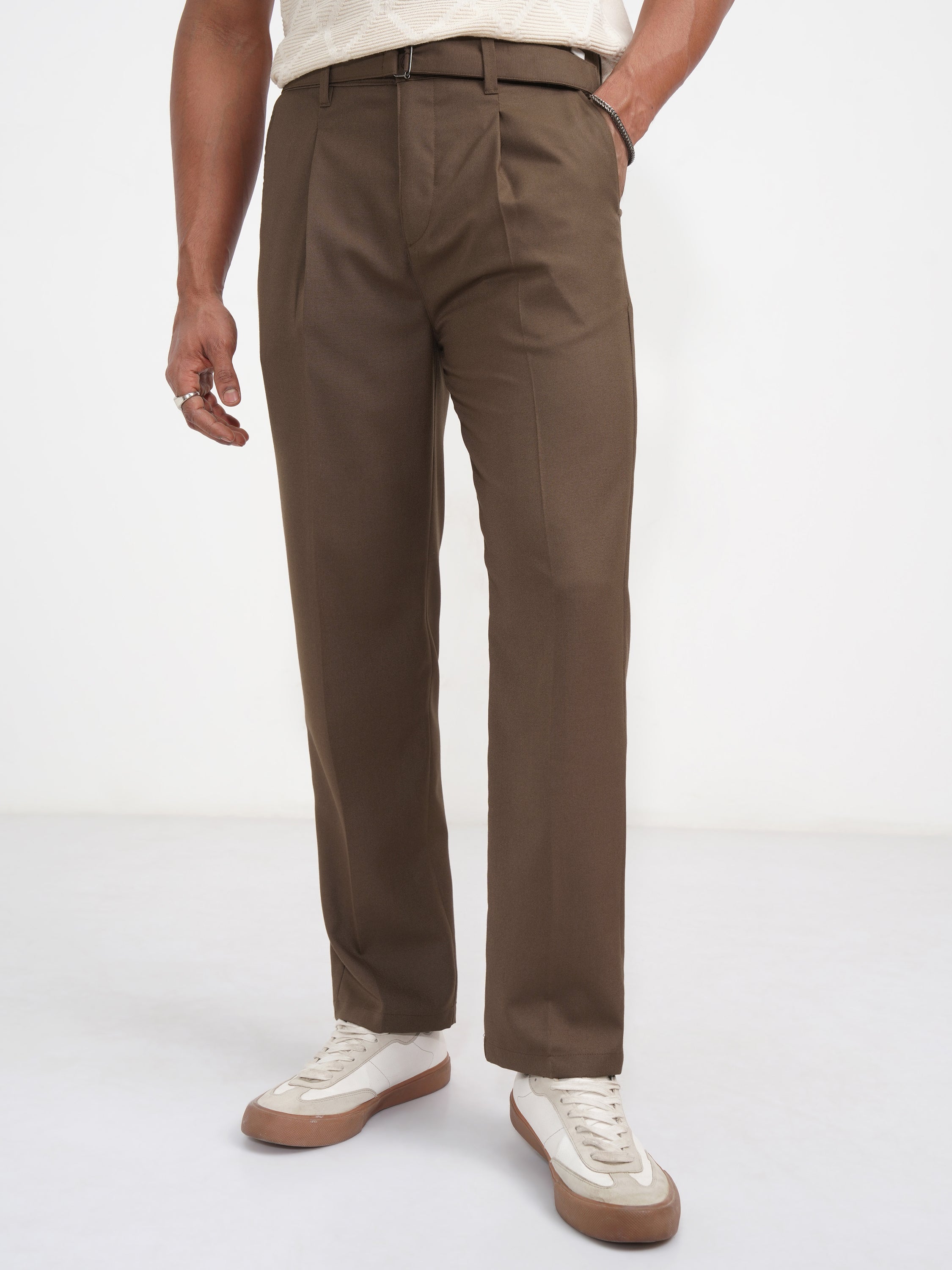 Highlander Men Brown Regular Fit Solid Korean Pant - Brown - Image 1