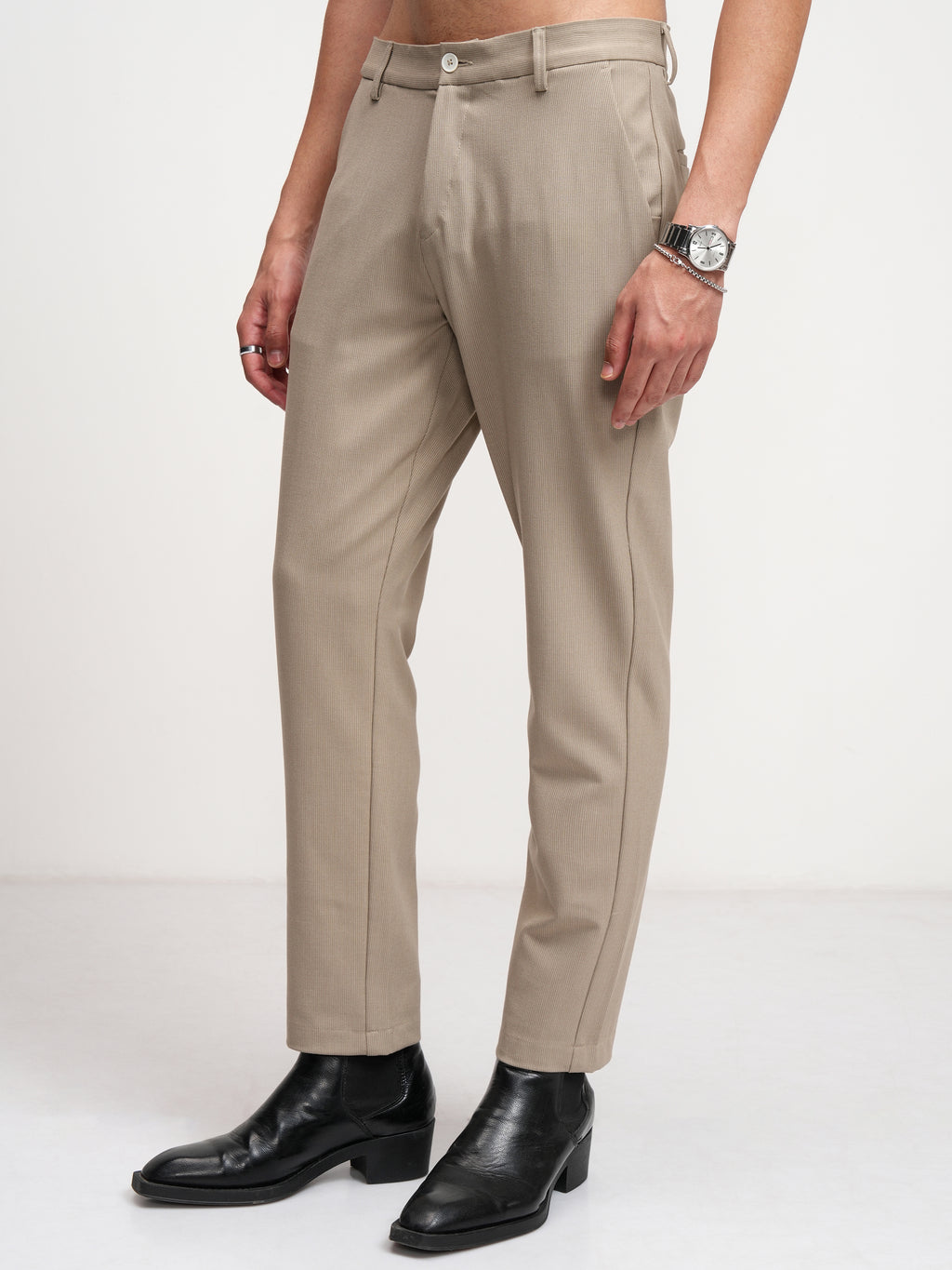 Highlander Men Beige Slim Fit Solid Formal Trouser - Beige - Image 4