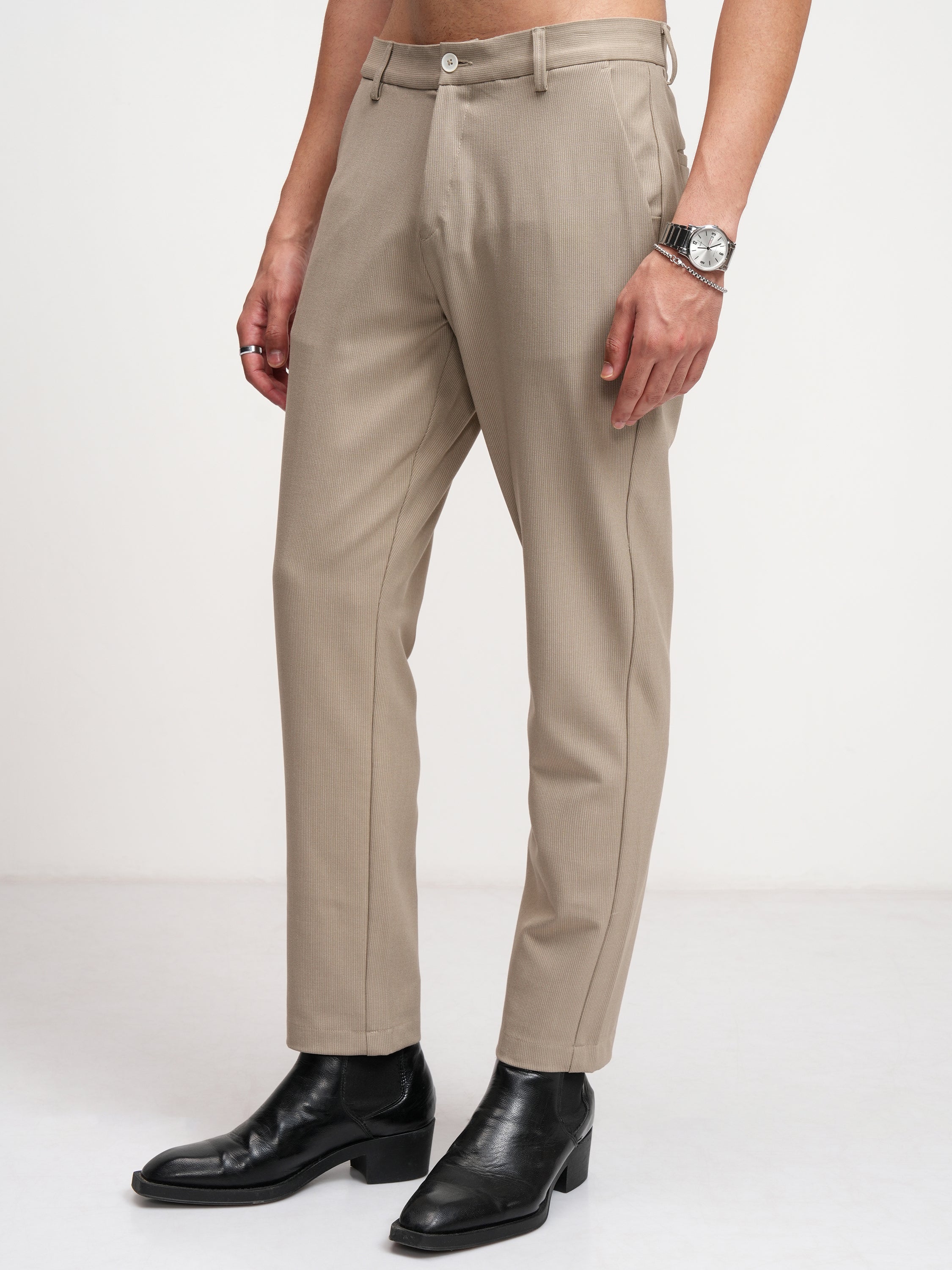 Highlander Men Beige Slim Fit Solid Formal Trouser - Beige - Image 4