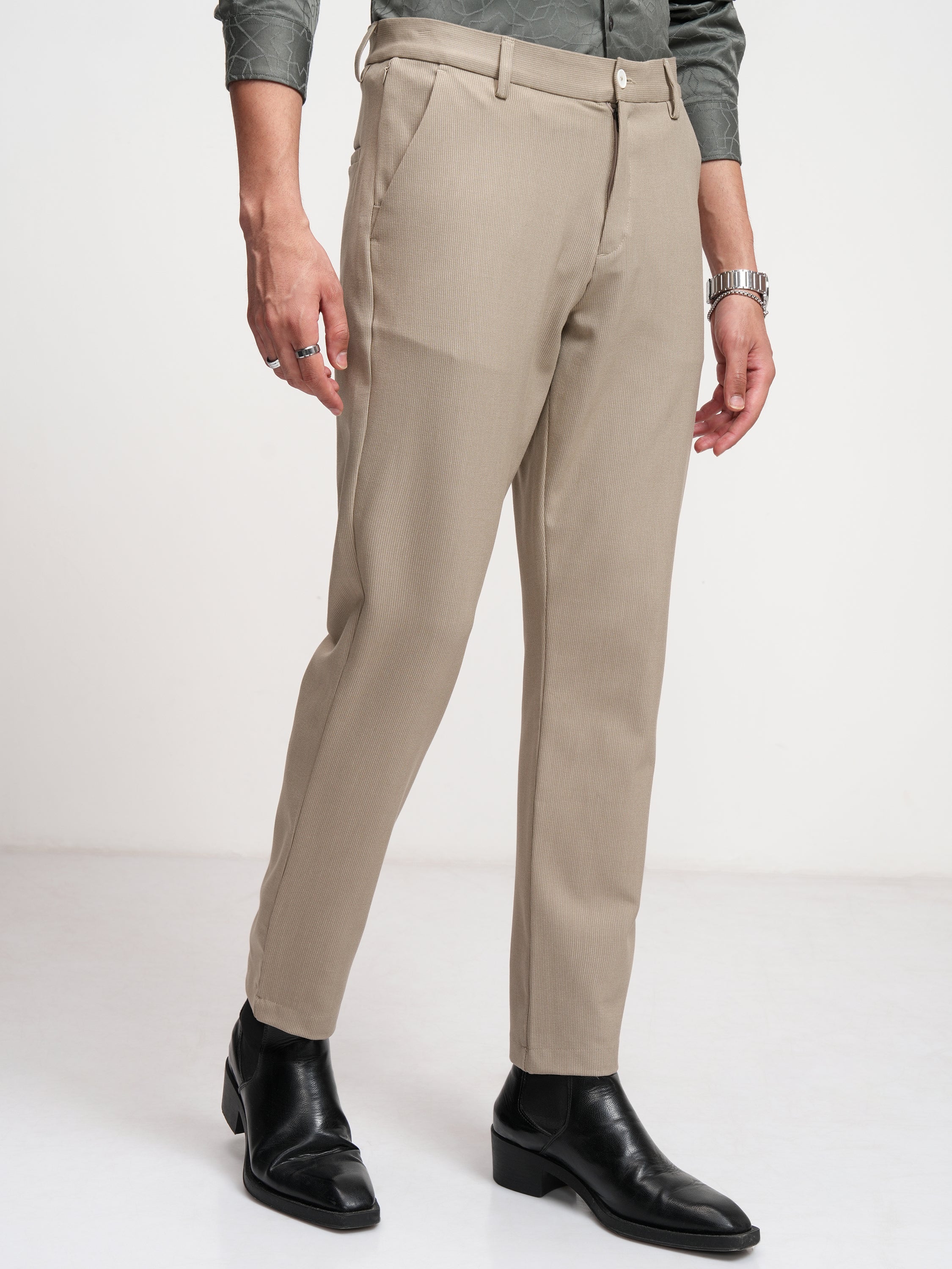 Highlander Men Beige Slim Fit Solid Formal Trouser - Beige - Image 6