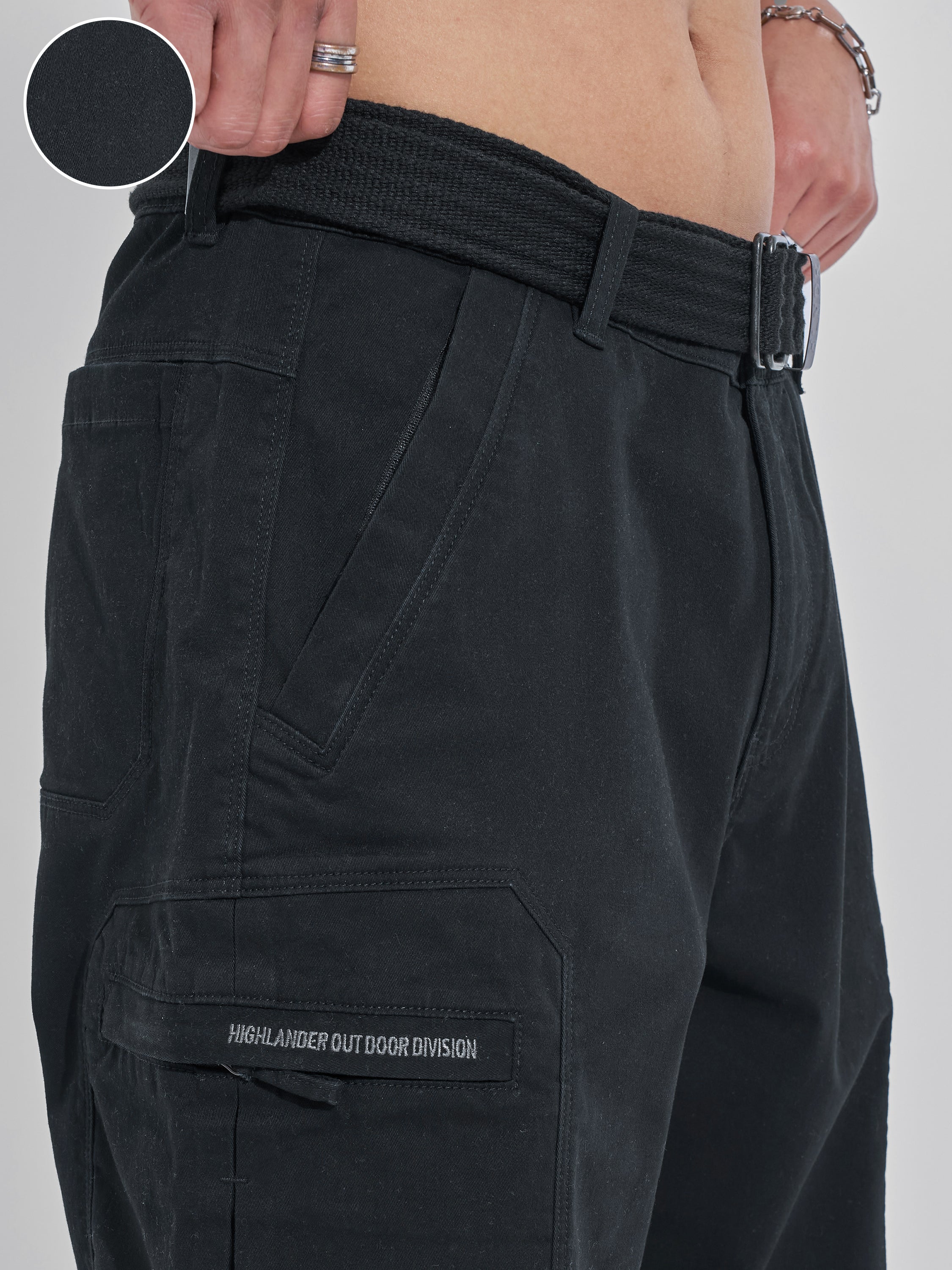 Highlander Men Black Relaxed Fit Solid Cargos - Black - Image 5
