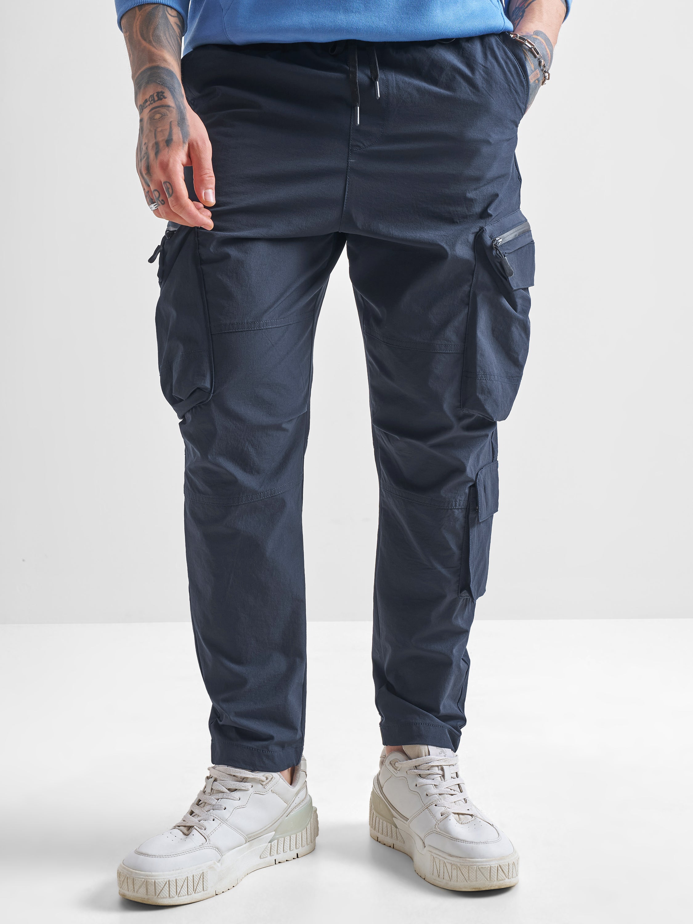 Highlander Men Blue Baggy Solid Cargos - Blue - Image 1