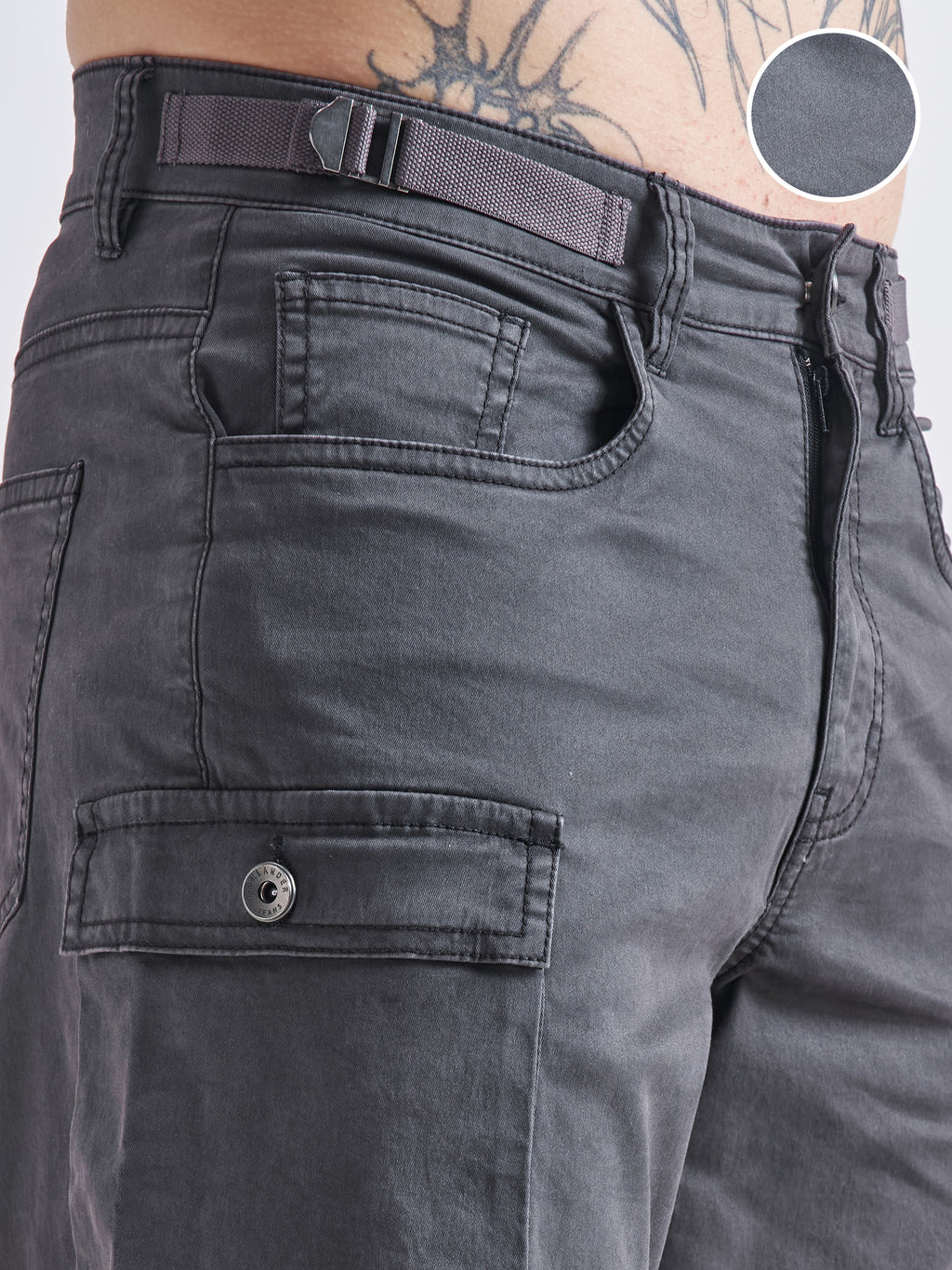 Highlander Men Charcoal Relaxed Fit Solid Cargos - Charcoal - Image 5