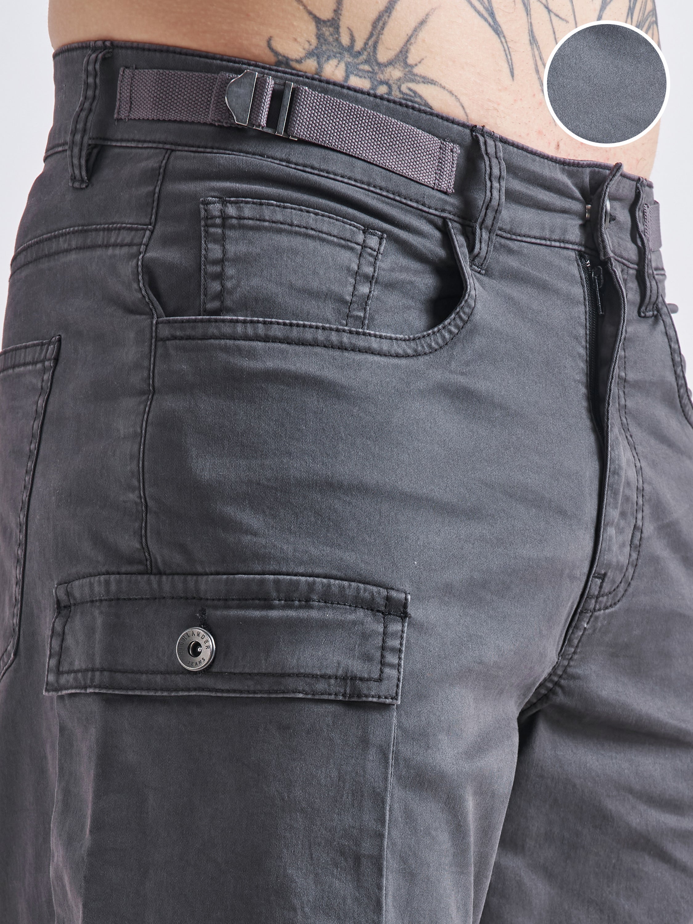 Highlander Men Charcoal Relaxed Fit Solid Cargos - Charcoal - Image 5