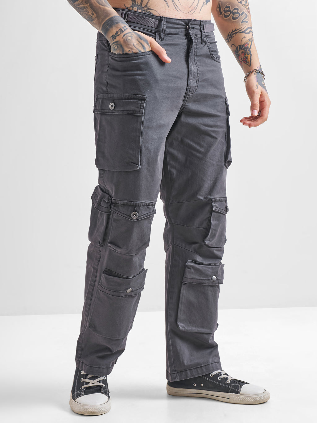 Highlander Men Charcoal Relaxed Fit Solid Cargos - Charcoal - Image 6