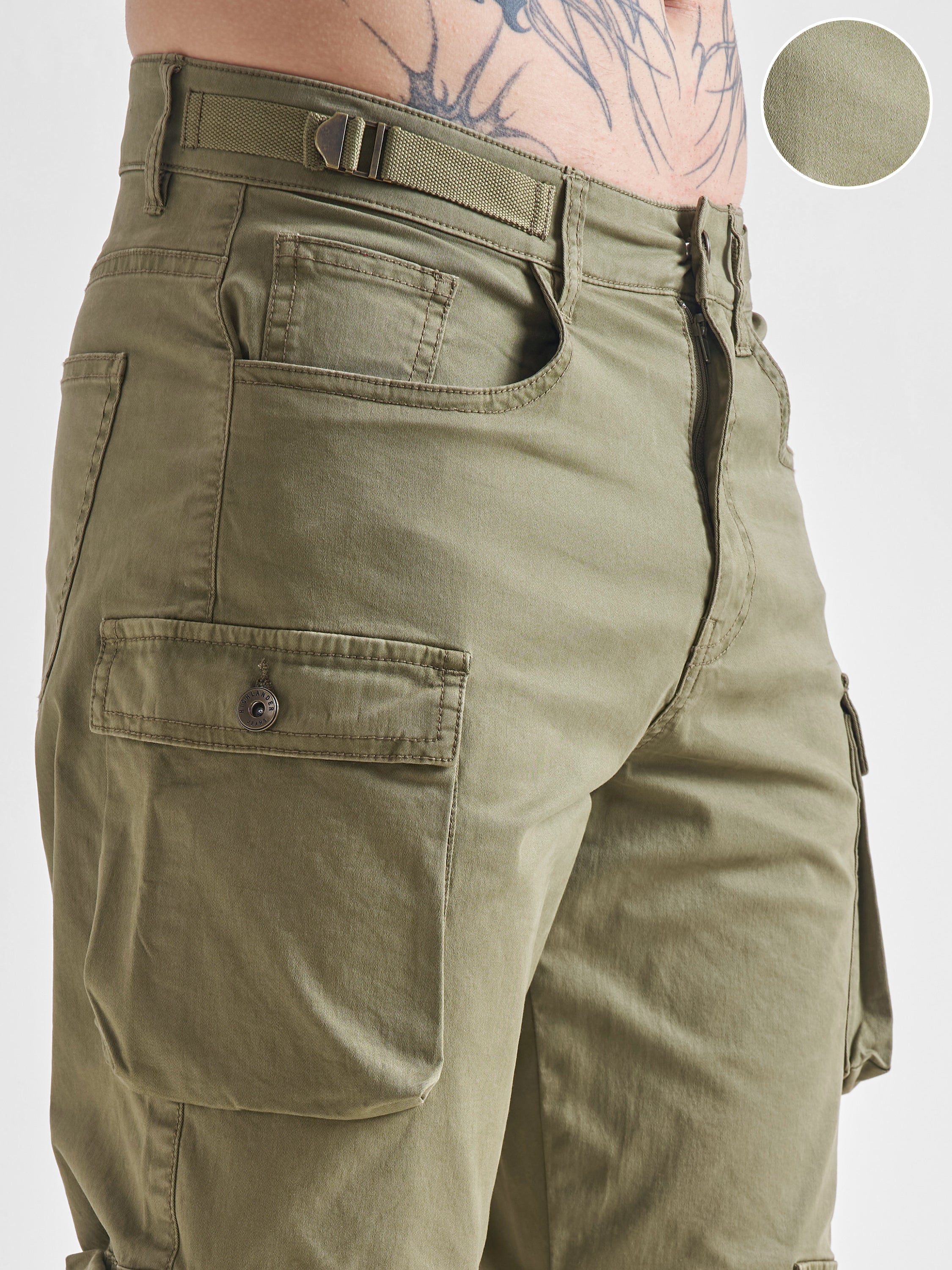 Highlander Men Green Relaxed Fit Solid Cargos - Green - Image 5