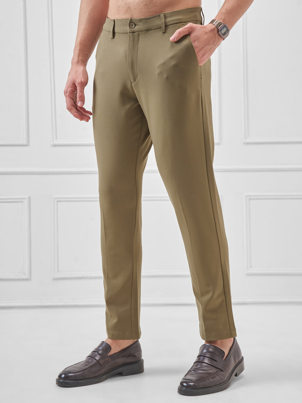 Highlander Men Olive Slim Fit Solid Formal Trouser - Olive - Image 4