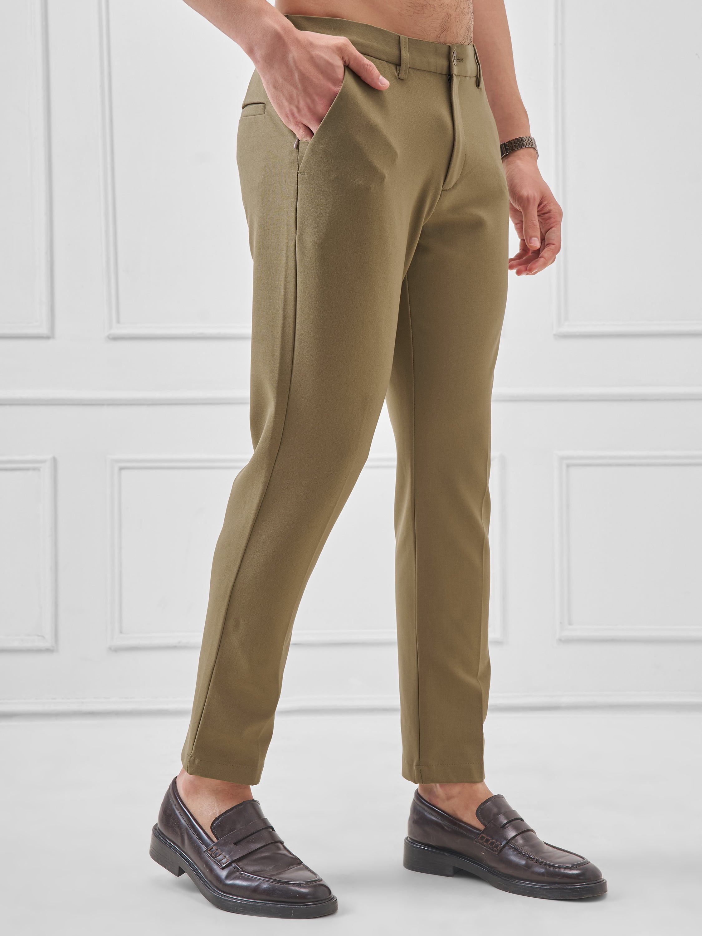 Highlander Men Olive Slim Fit Solid Formal Trouser - Olive - Image 6