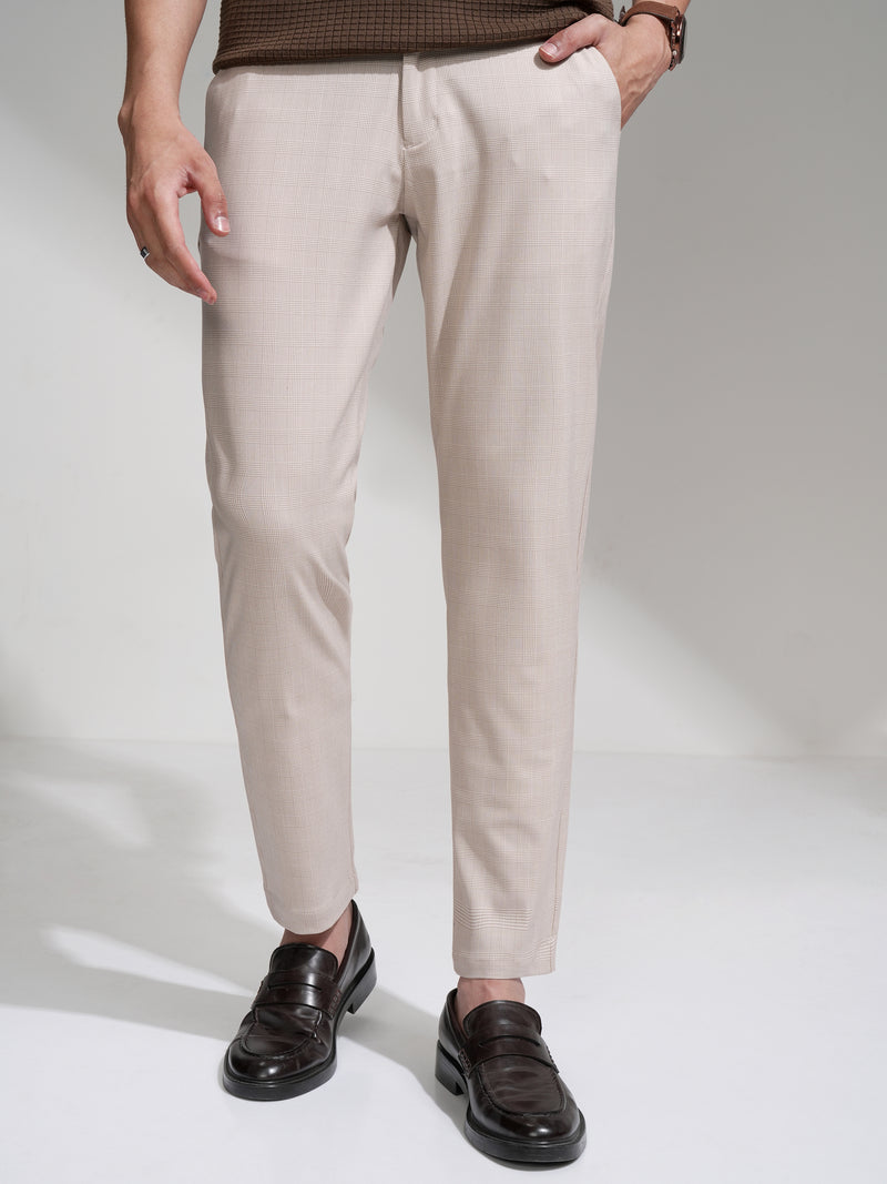 Highlander Men Beige Slim Fit Checked Casual Trouser - Beige - Image 1
