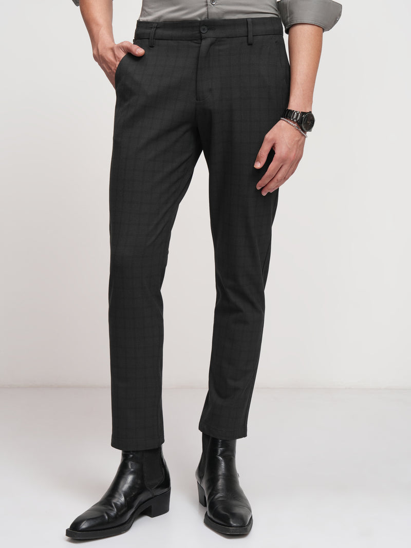 Highlander Men Black Slim Fit Checked Formal Trouser - Black - Image 1