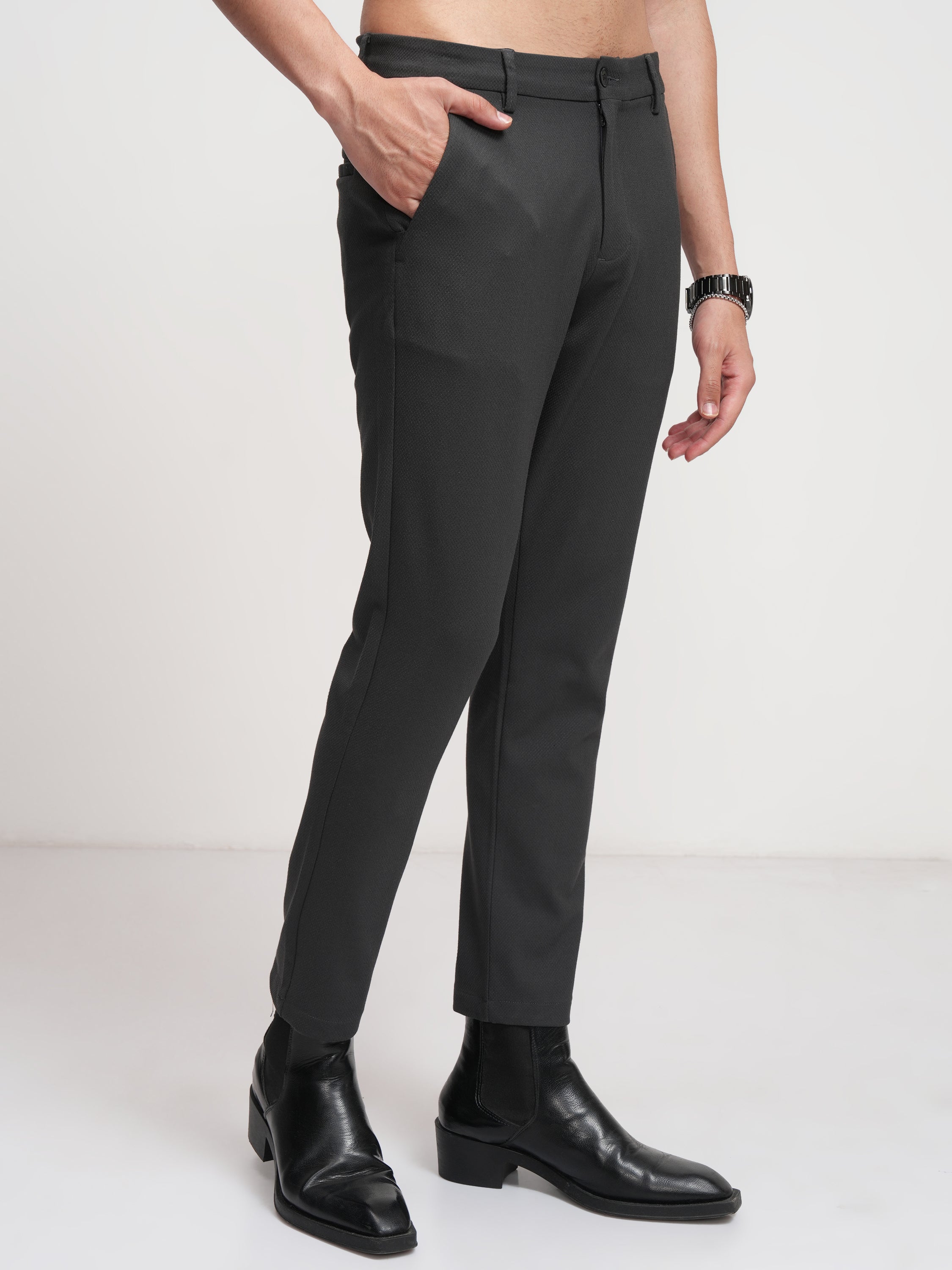 Highlander Men Charcoal Slim Fit Solid Formal Trouser - Charcoal - Image 6