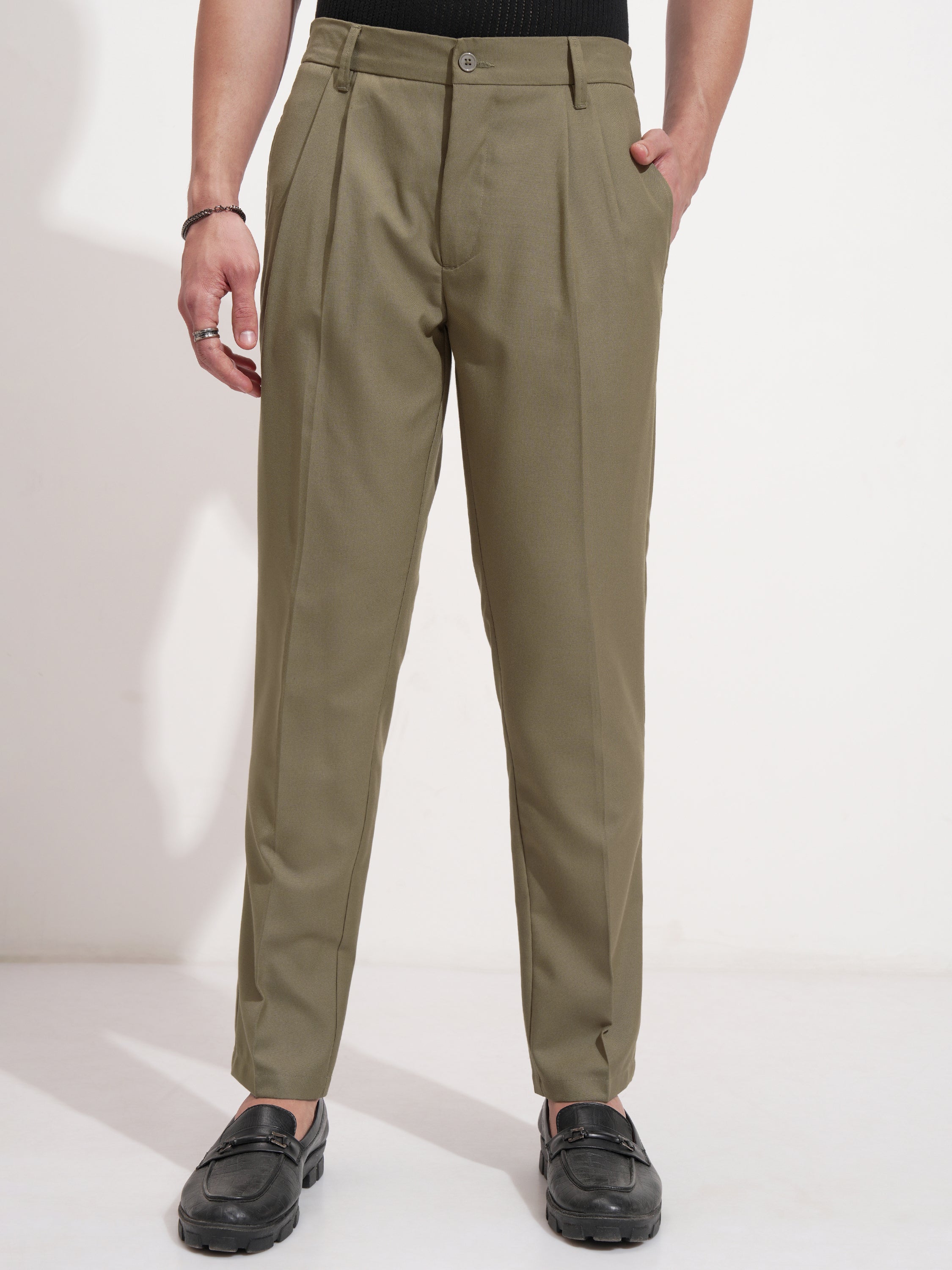 Highlander Men Green Slim Fit Solid Formal Trouser - Green - Image 1