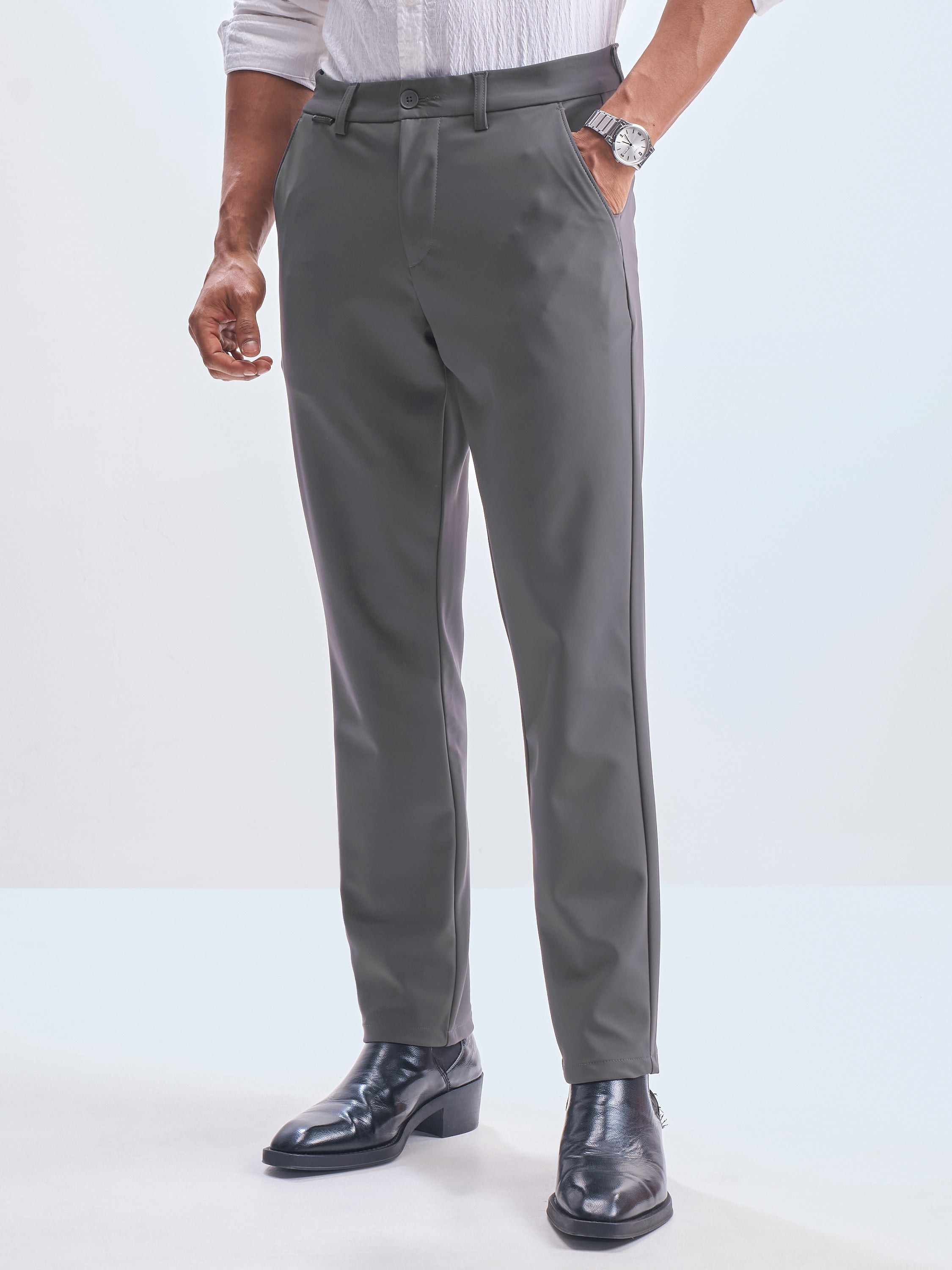 Highlander Men Grey Slim Fit Solid Formal Trouser - Grey - Image 1