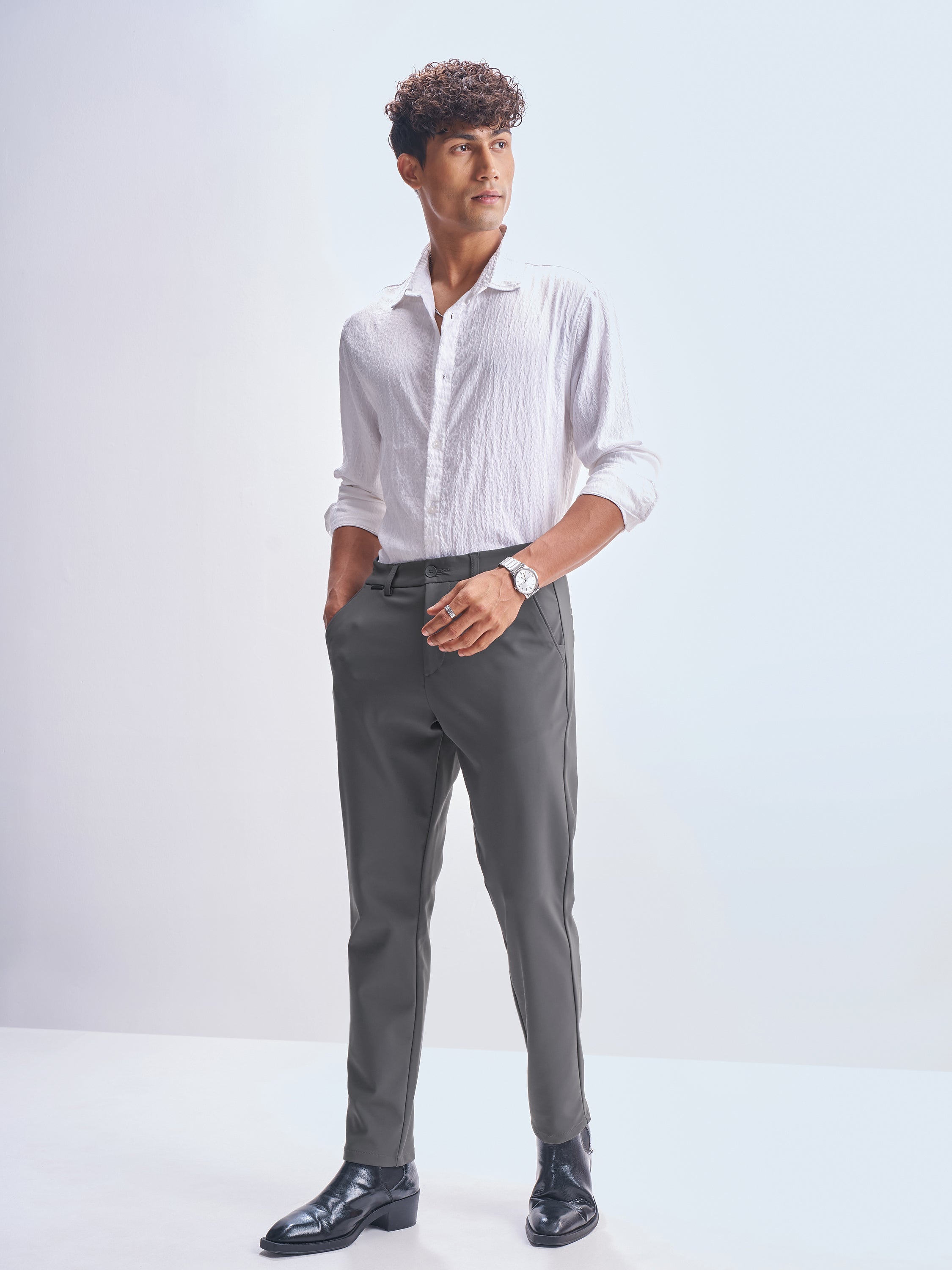 Highlander Men Grey Slim Fit Solid Formal Trouser - Grey - Image 2