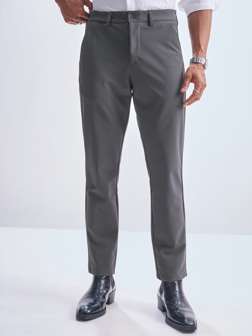 Highlander Men Grey Slim Fit Solid Formal Trouser - Grey - Image 4