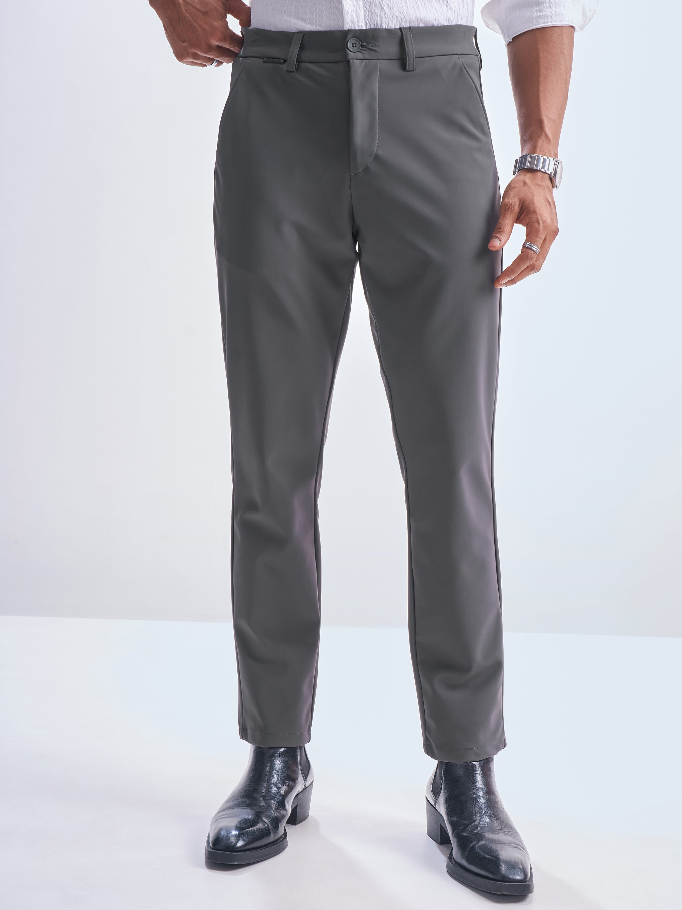 Highlander Men Grey Slim Fit Solid Formal Trouser - Grey - Image 4
