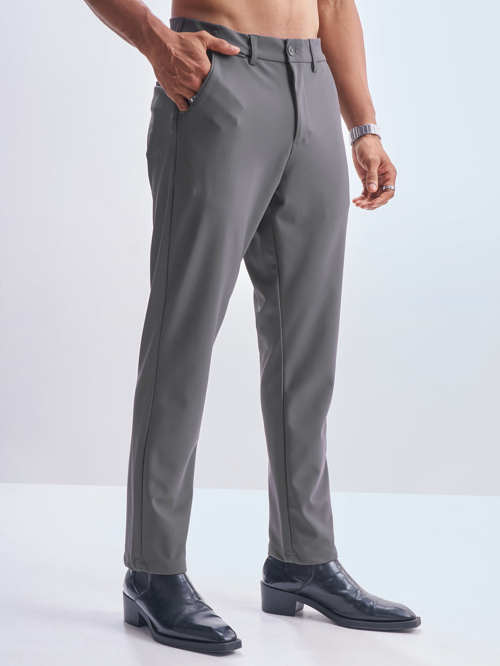 Highlander Men Grey Slim Fit Solid Formal Trouser - Grey - Image 6