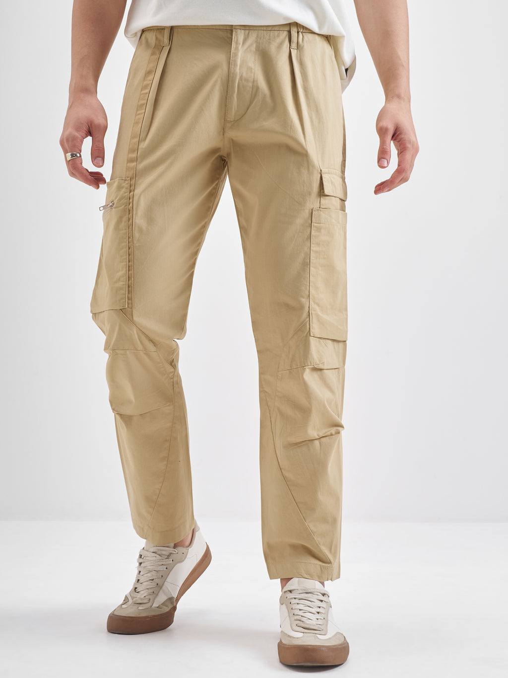 Highlander Men Beige Relaxed Fit Solid Cargos - Beige - Image 1