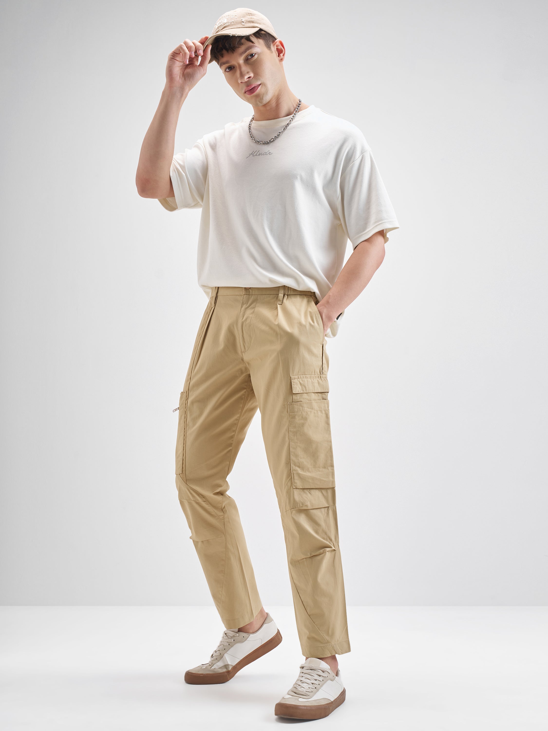 Highlander Men Beige Relaxed Fit Solid Cargos - Beige - Image 2