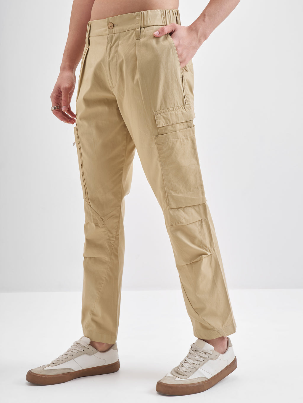 Highlander Men Beige Relaxed Fit Solid Cargos - Beige - Image 4