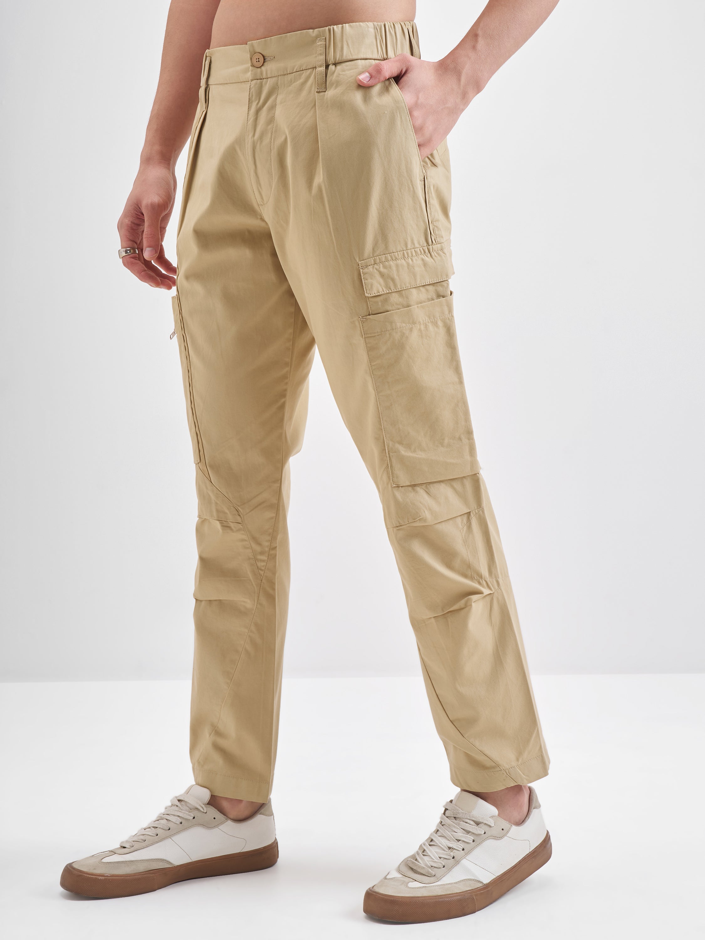 Highlander Men Beige Relaxed Fit Solid Cargos - Beige - Image 4