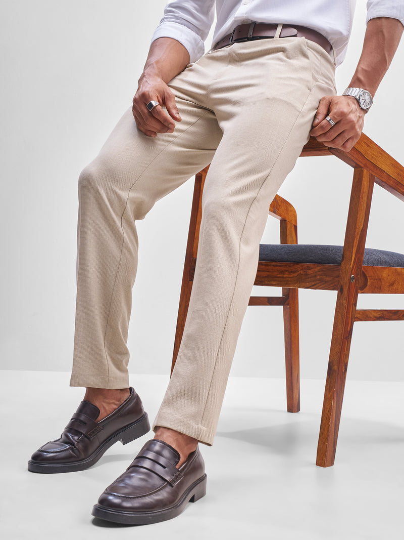 Highlander Men Beige Slim Fit Checked Formal Trouser - Beige - Image 1