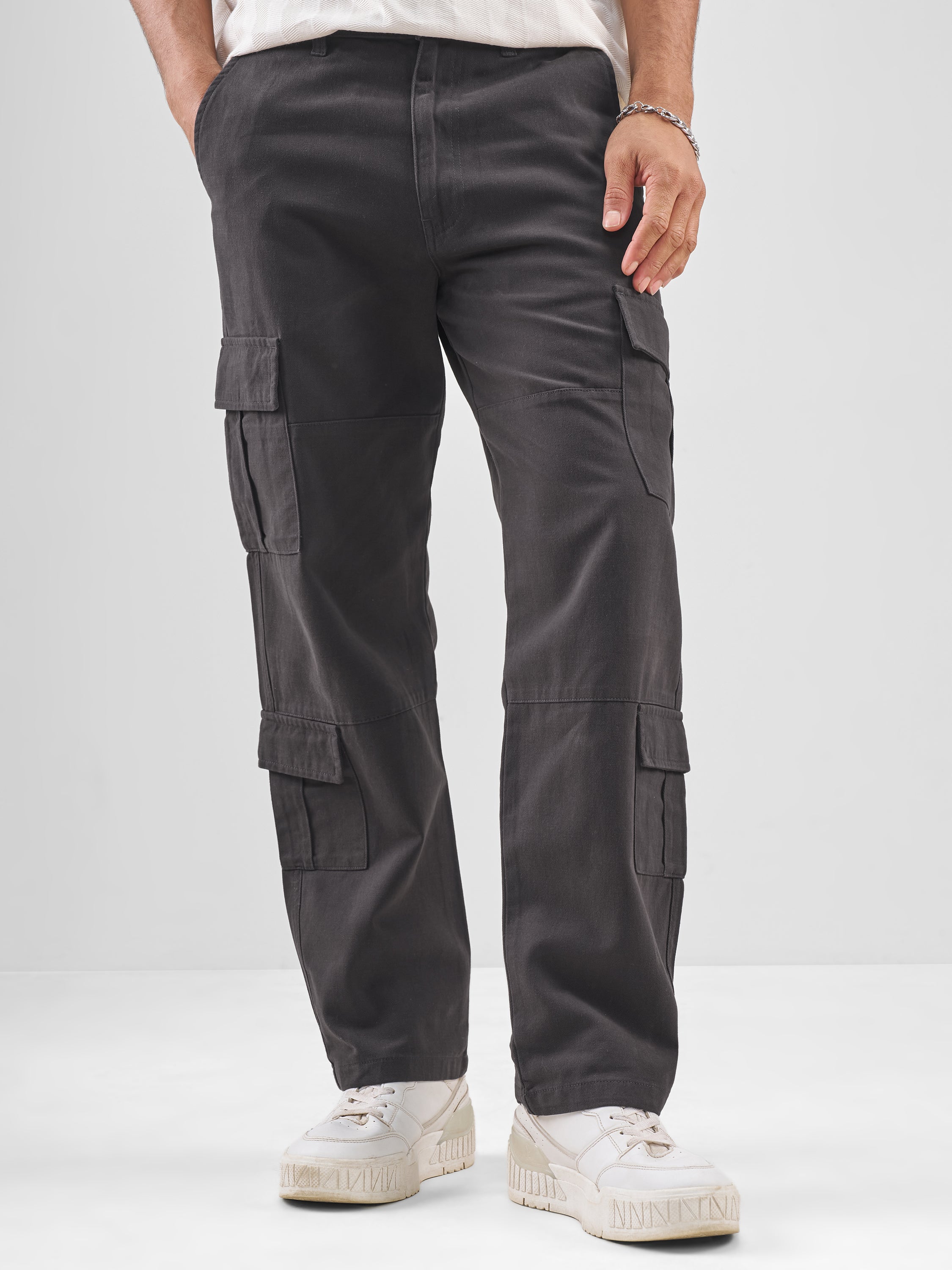 Highlander Men Charcoal Straight Fit Solid Cargos - Charcoal - Image 1