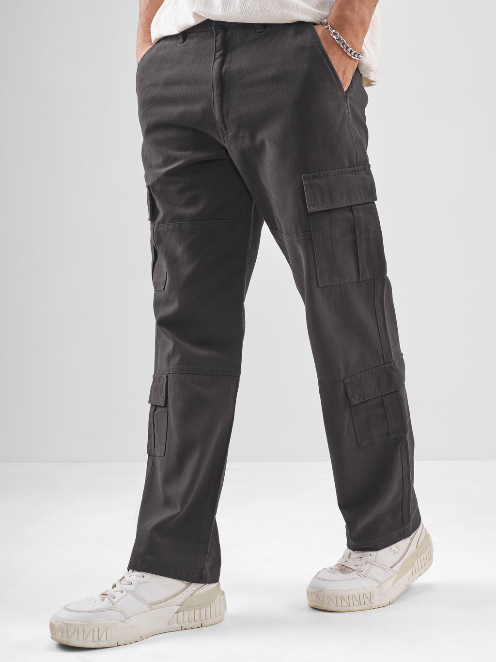 Highlander Men Charcoal Straight Fit Solid Cargos - Charcoal - Image 4