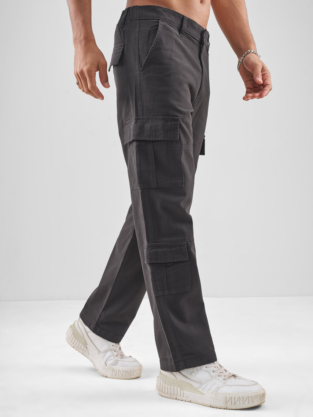 Highlander Men Charcoal Straight Fit Solid Cargos - Charcoal - Image 6