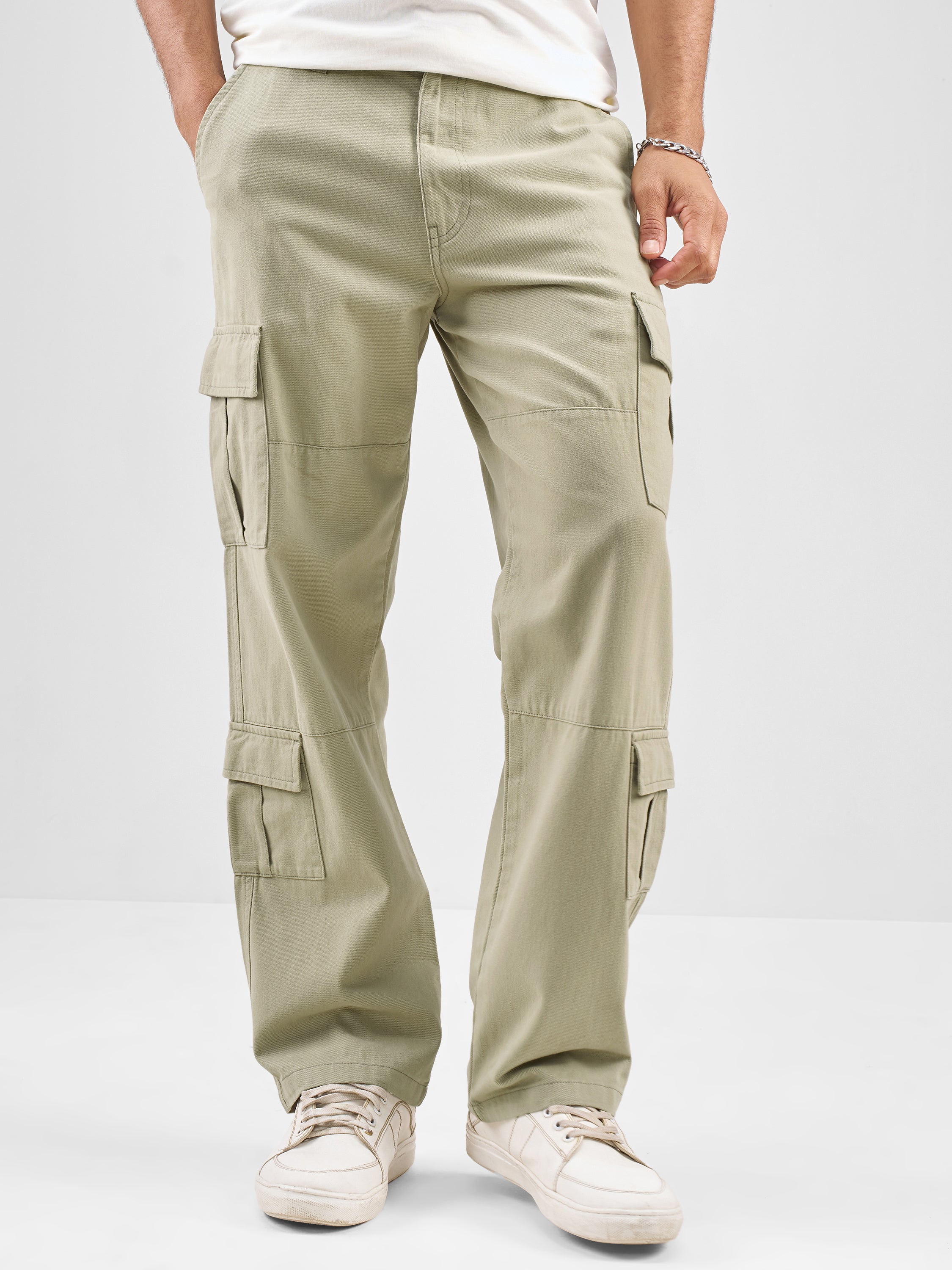Highlander Men Beige Straight Fit Solid Cargos - Beige - Image 1