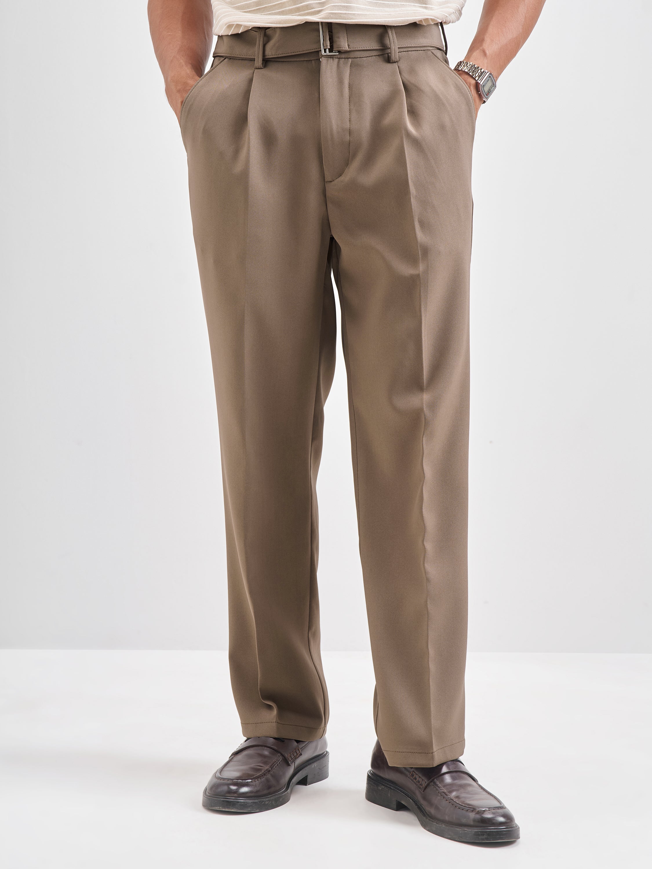 Highlander Men Tan Solid Formal Trouser - Tan - Image 1