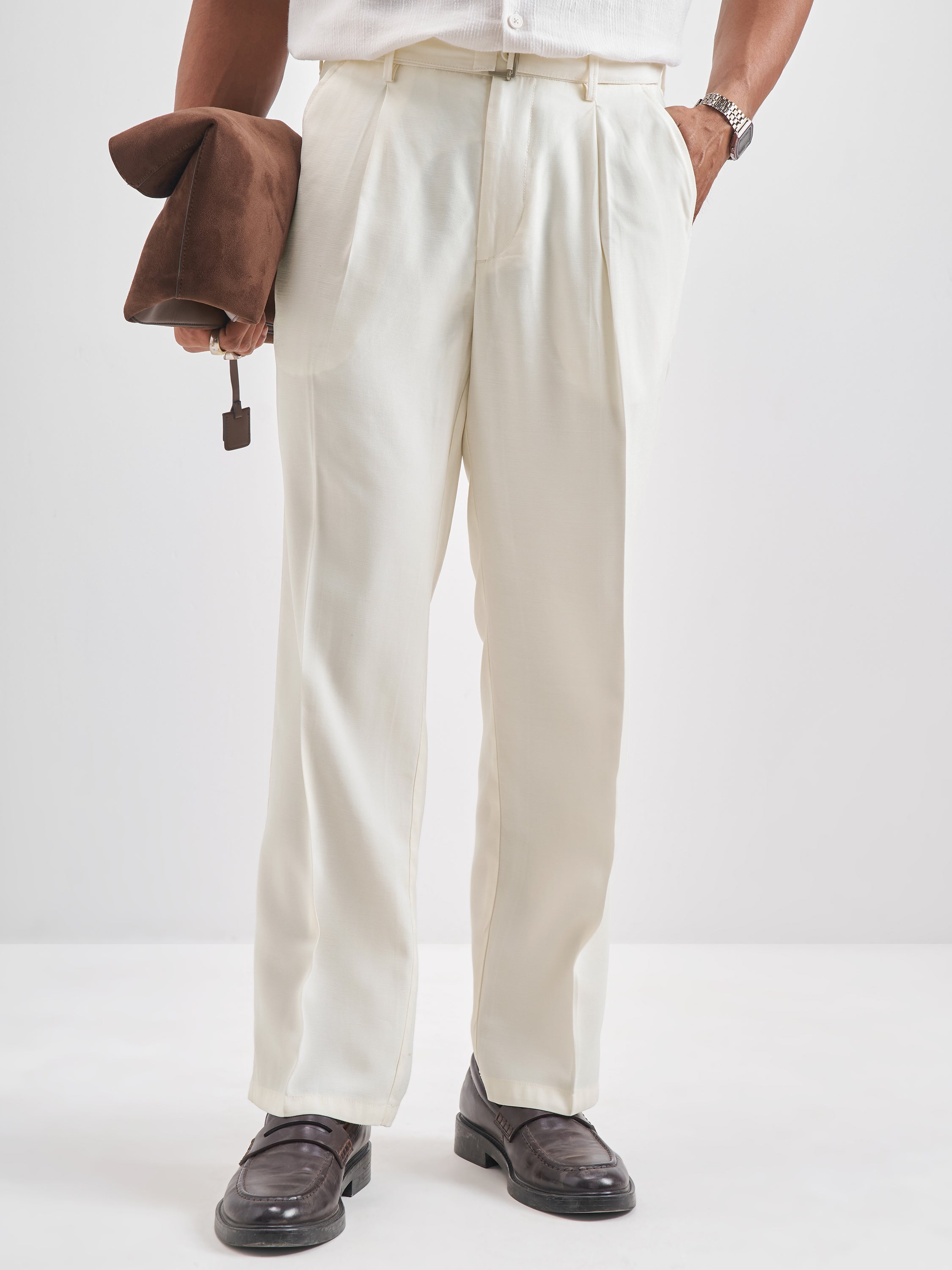 Highlander Men Off White Solid Formal Trouser - Off White - Image 1
