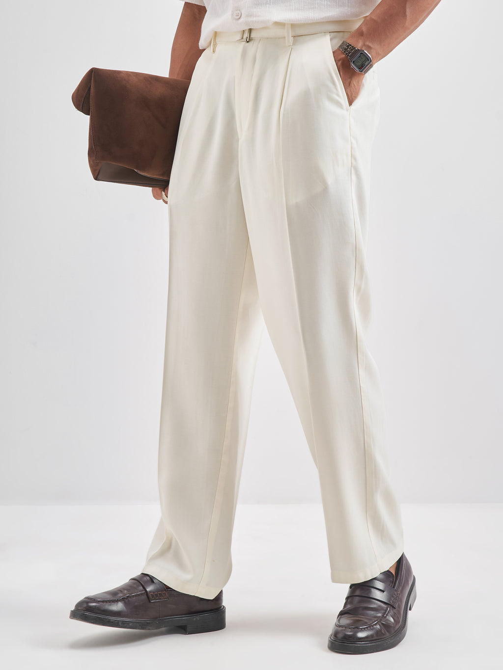 Highlander Men Off White Solid Formal Trouser - Off White - Image 4