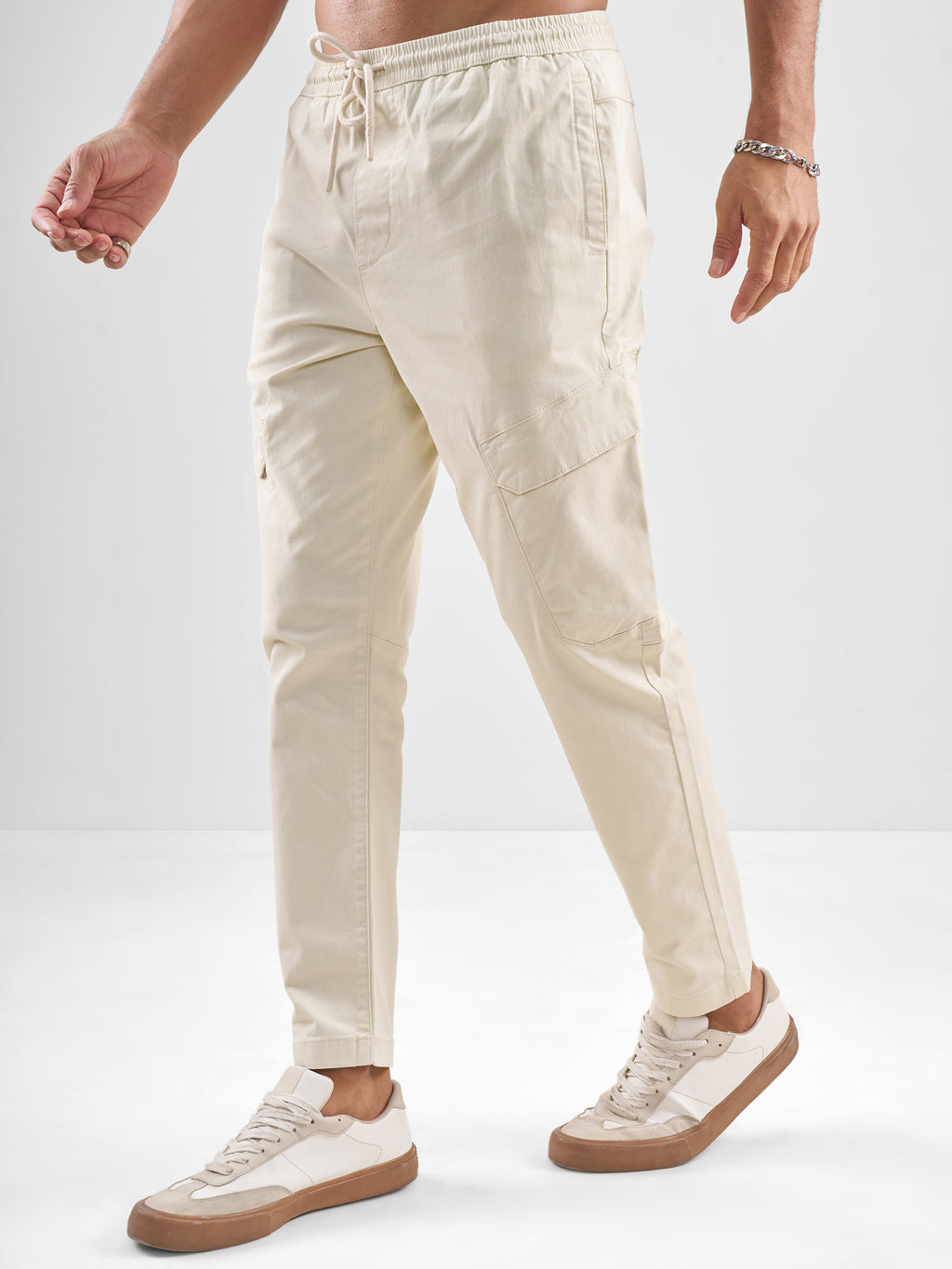 Highlander Men Cream Slim Fit Solid Cargos - Cream - Image 4
