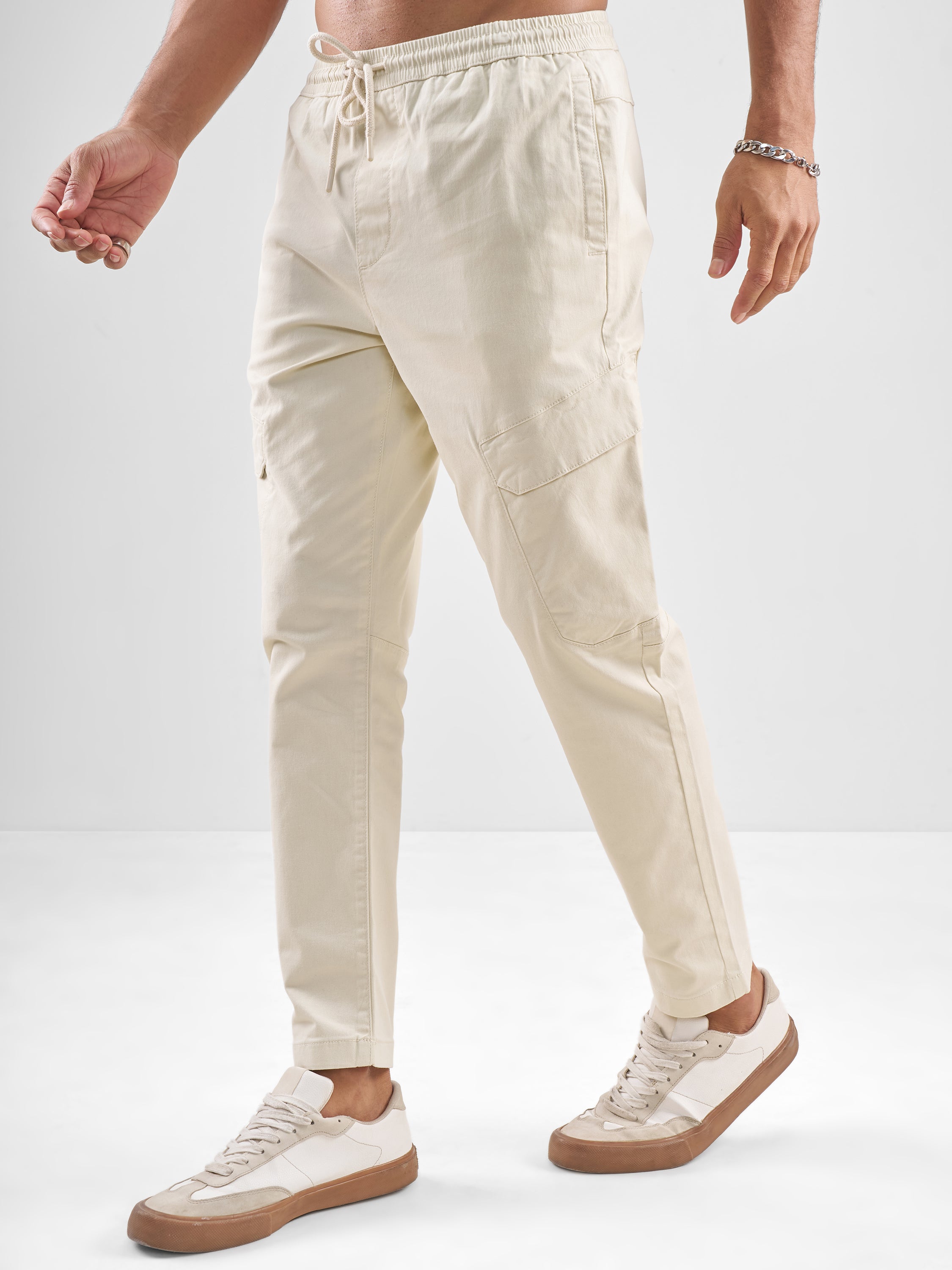 Highlander Men Cream Slim Fit Solid Cargos - Cream - Image 4