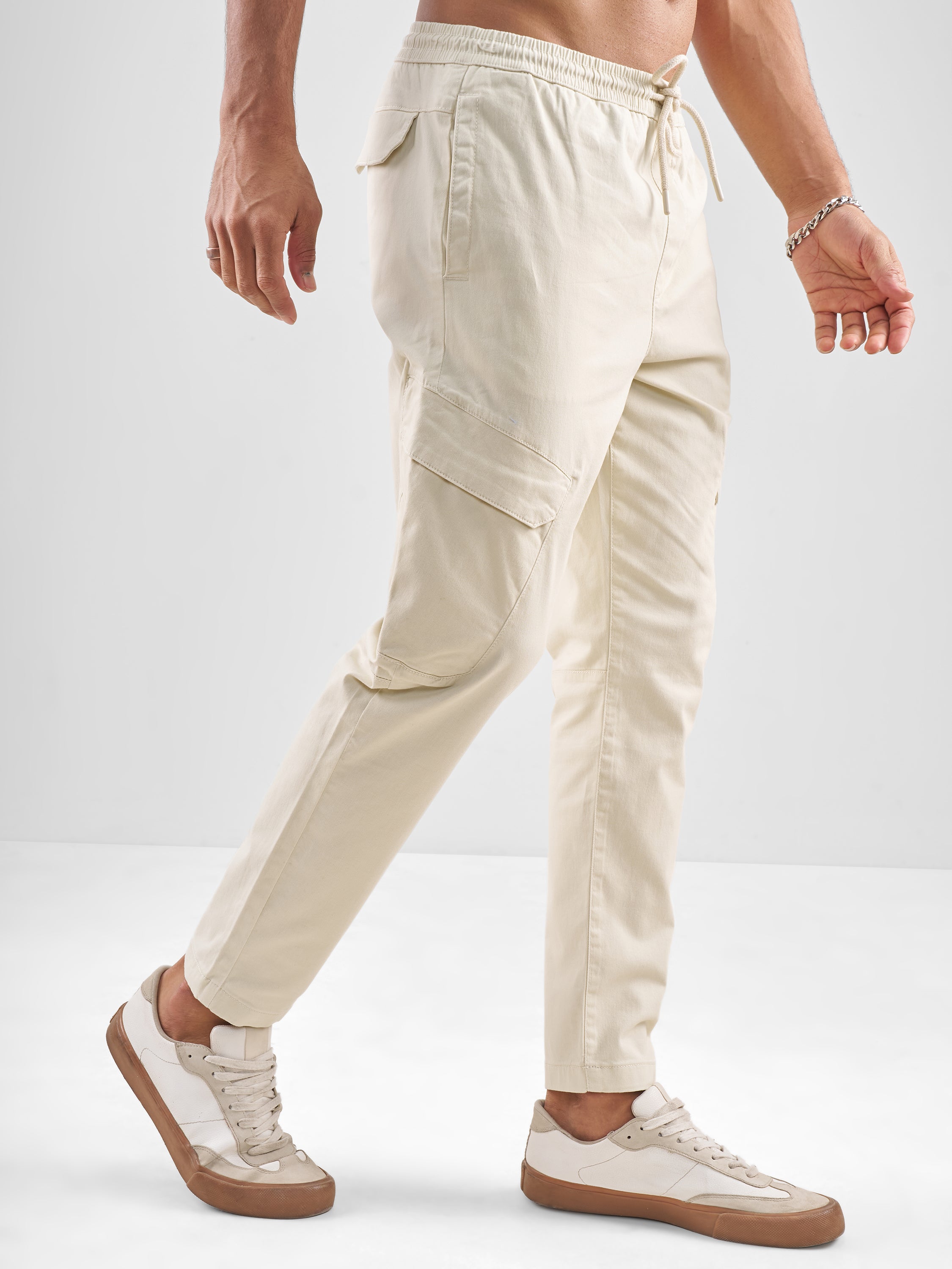 Highlander Men Cream Slim Fit Solid Cargos - Cream - Image 6