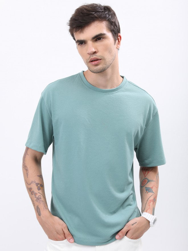 Highlander Men Sea Green Solid Oversized Round Neck T-Shirt - Green - Image 1