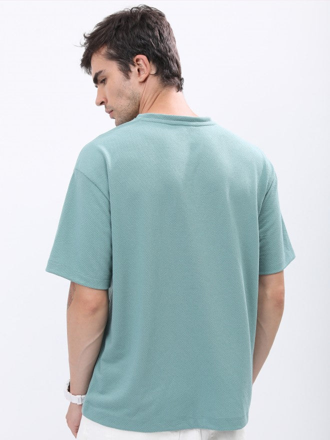 Highlander Men Sea Green Solid Oversized Round Neck T-Shirt - Green - Image 3