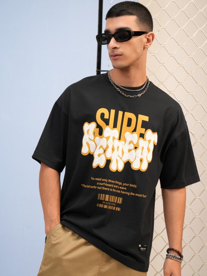 Highlander Men Black Printed Round Neck Oversized Fit T-Shirt - Black - Image 1