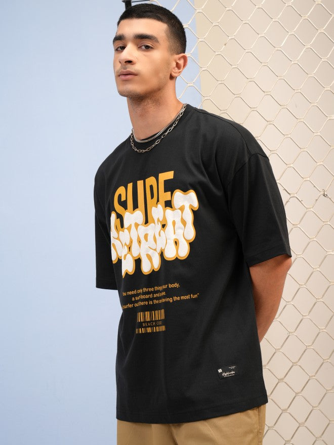 Highlander Men Black Printed Round Neck Oversized Fit T-Shirt - Black - Image 4