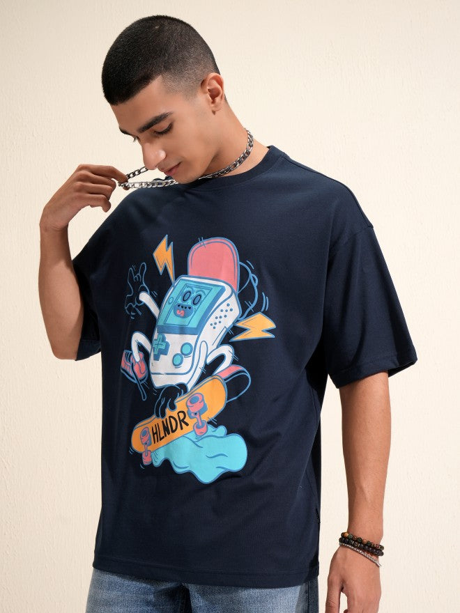Highlander Men Navy Blue Printed Oversized Fit T-Shirt - Navy Blue - Image 4