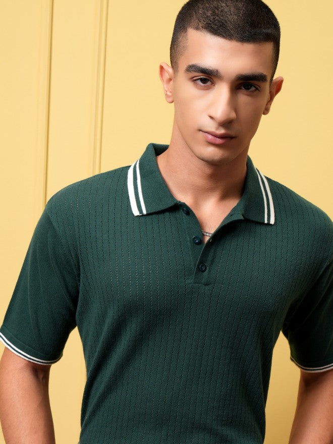 Highlander Men Green Self Design Polo Collar T-Shirt - Green - Image 1